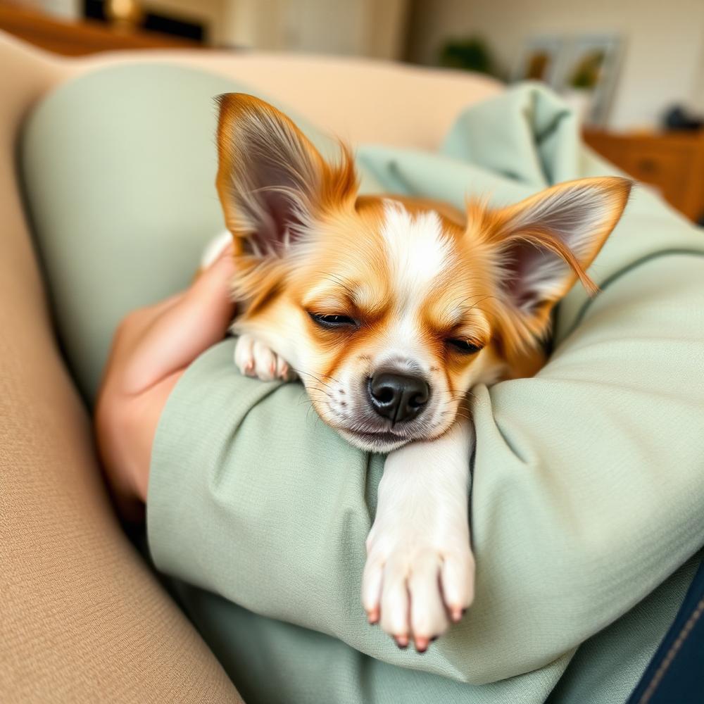 A small dog cuddling in someone's arms on a couch