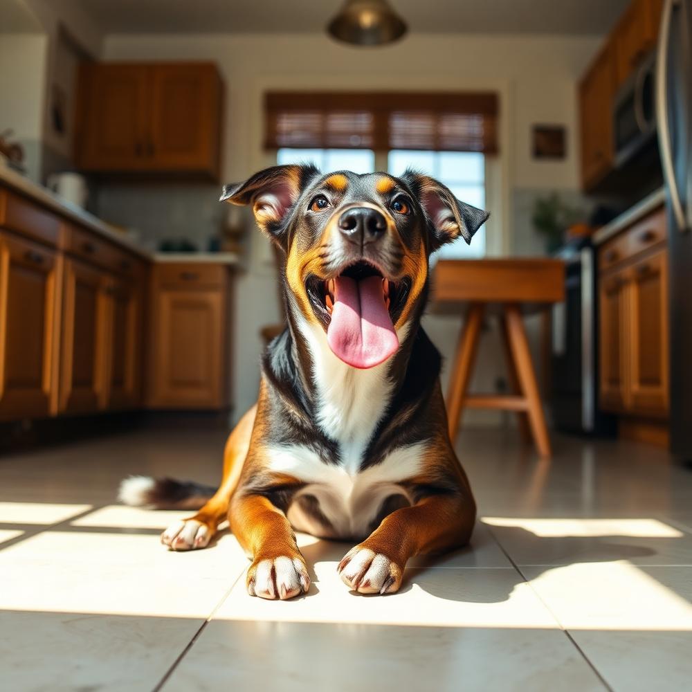 A dog with its tongue out sitting on a sunny kitchen floor