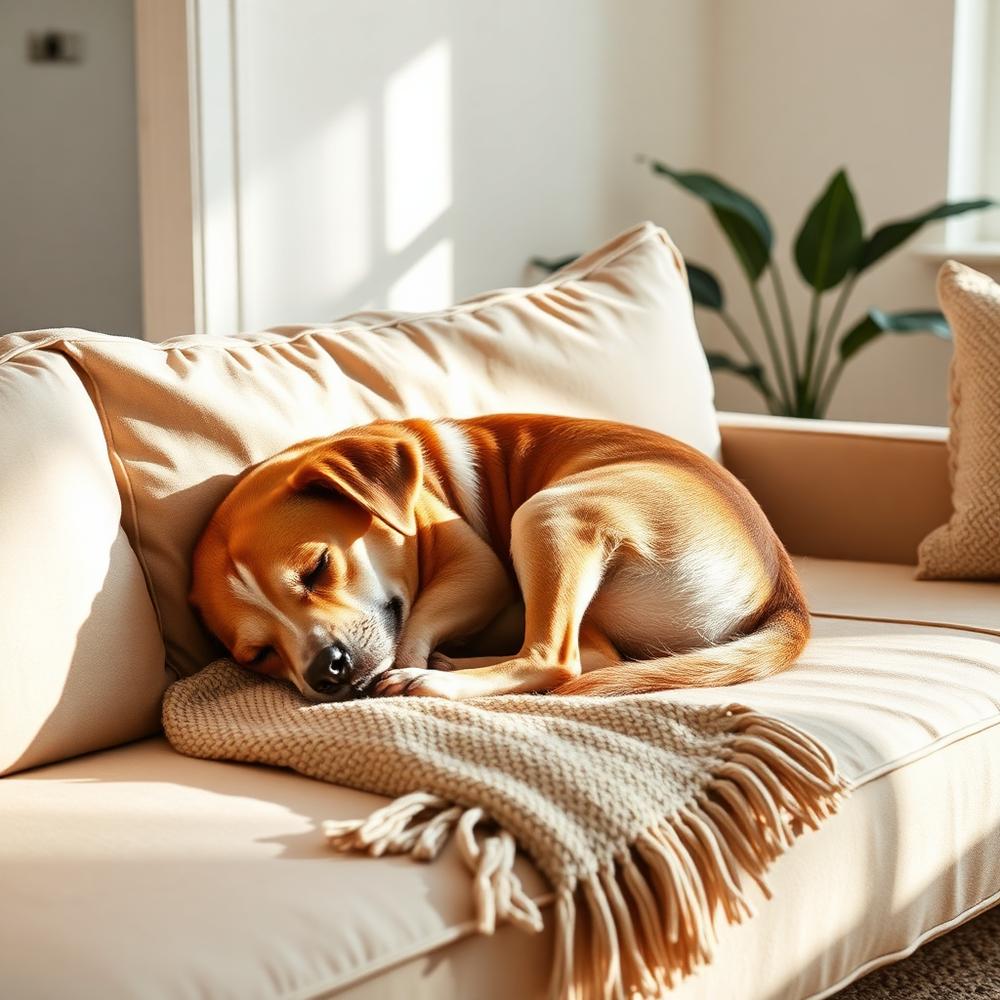 A dog asleep curled up on a linen sofa