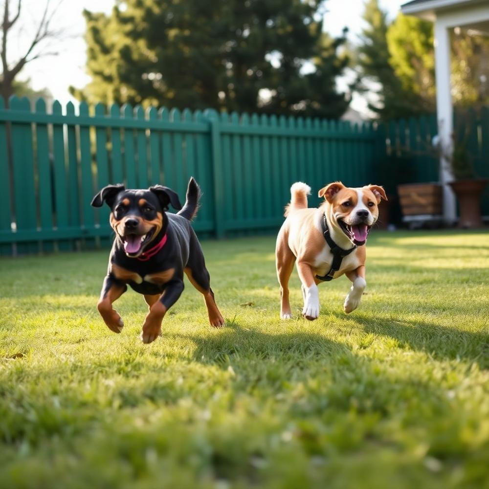 Two dogs running and playing in a fenced backyard