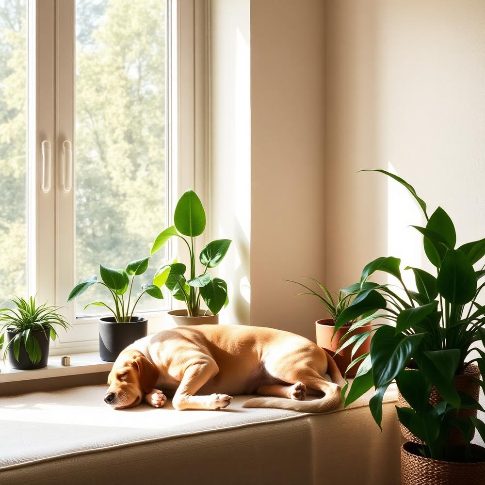 A dog resting in a sunbeam beside houseplants