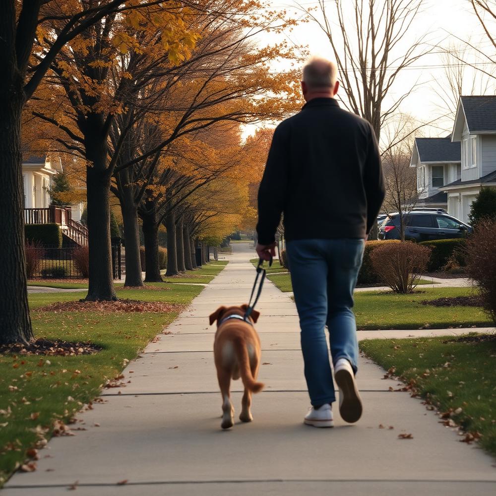 A dog on a leash walking down a tree-lined neighborhood sidewalk