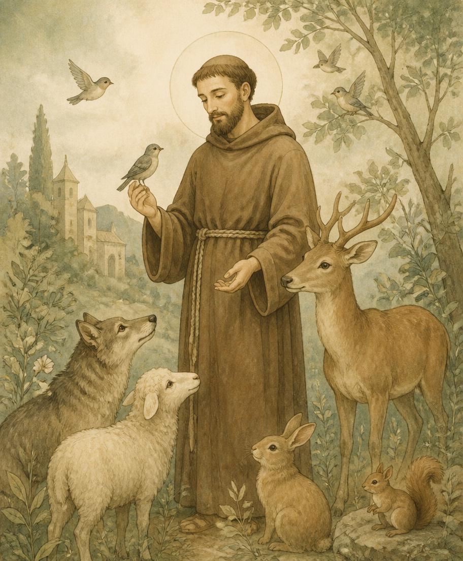 Framed illustration of St. Francis of Assisi surrounded peacefully by animals